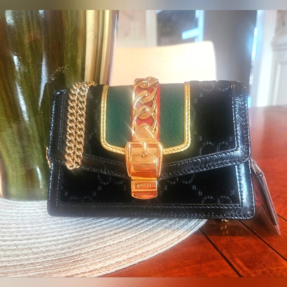 Gucci Velvet GG Monogram Super Mini Sylvie Chain Shoulder Bag W/ Dustbag In EUC